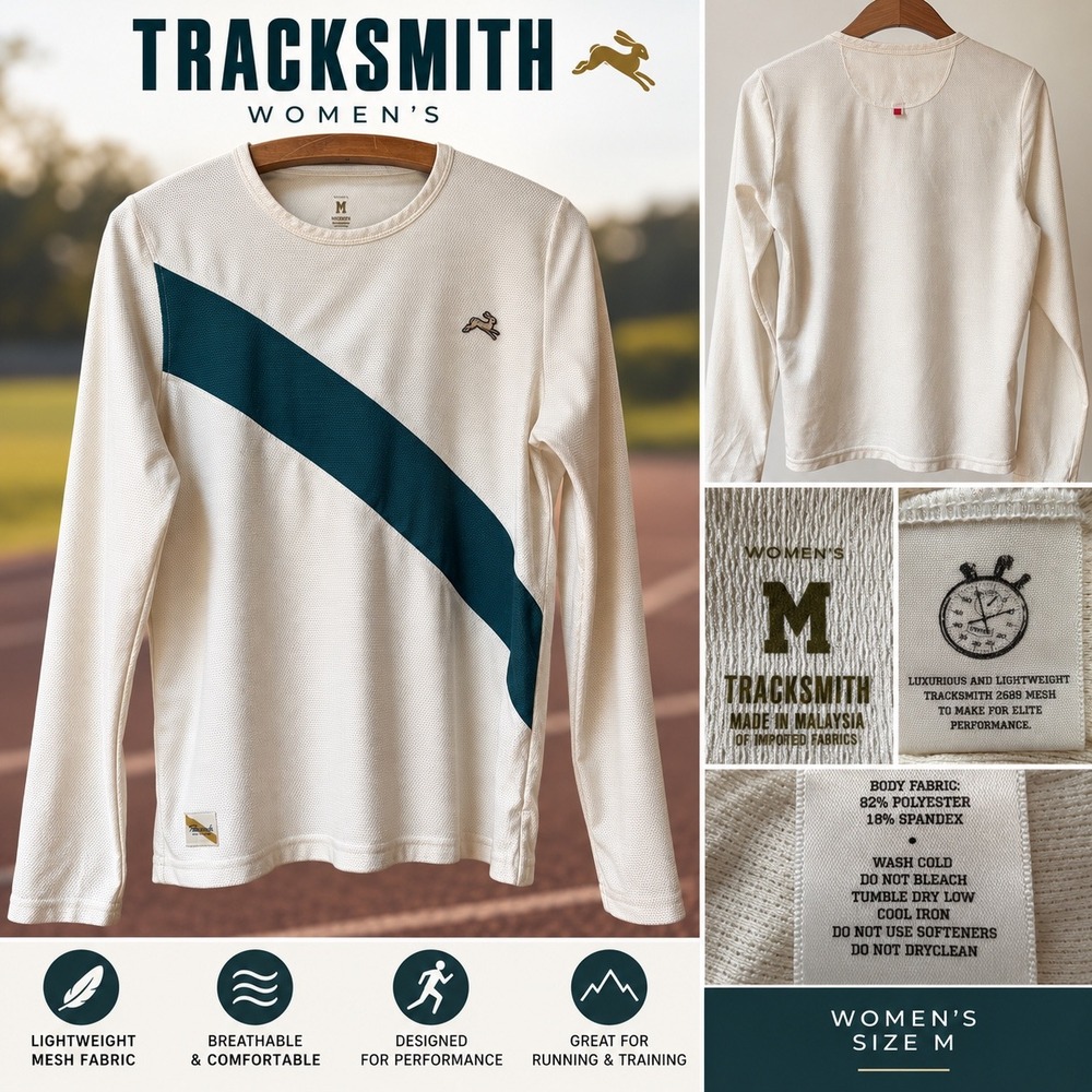 Tracksmith Van Cortlandt Long Sleeve Running Shirt Mesh Ivory Green Sash Women M